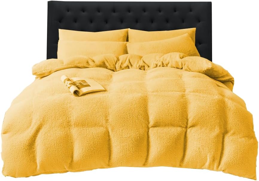 Funky Gadgets Teddy Fleece Duvet Cover Set | Warm Luxury Super Soft Thermal quilt cover with pillowcase | 100% Polyester Teddy Bear Bedding Ochre