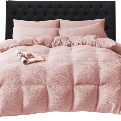 Funky Gadgets Teddy Fleece Duvet Cover Set | Warm Luxury Super Soft Thermal quilt cover with pillowcase | 100% Polyester Teddy Bear Bedding Blush Pink