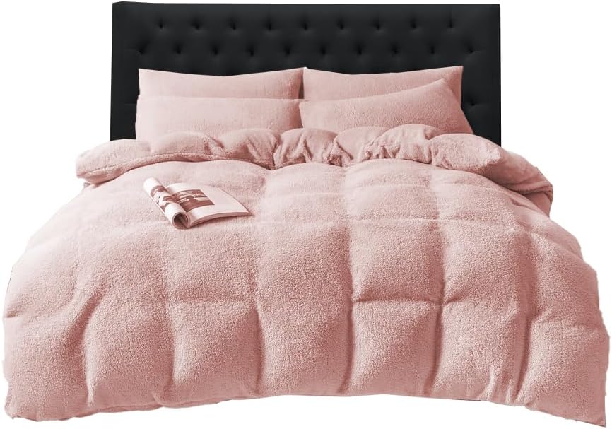 Funky Gadgets Teddy Fleece Duvet Cover Set | Warm Luxury Super Soft Thermal quilt cover with pillowcase | 100% Polyester Teddy Bear Bedding Blush Pink
