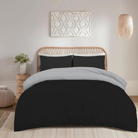 funky gadgets Double Duvet Set – Soft Brushed Microfiber Plain Dyed Duvet Cover Sets with Pillow Cases- Reversible Bedding Quilt Cover Set (Black & Grey)