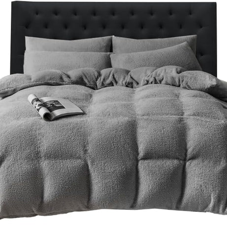 Funky Gadgets Teddy Fleece Duvet Cover Set | Warm Luxury Super Soft Thermal quilt cover with pillowcase | 100% Polyester Teddy Bear Bedding Charcoal