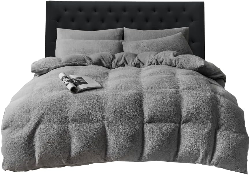 Funky Gadgets Teddy Fleece Duvet Cover Set | Warm Luxury Super Soft Thermal quilt cover with pillowcase | 100% Polyester Teddy Bear Bedding Charcoal