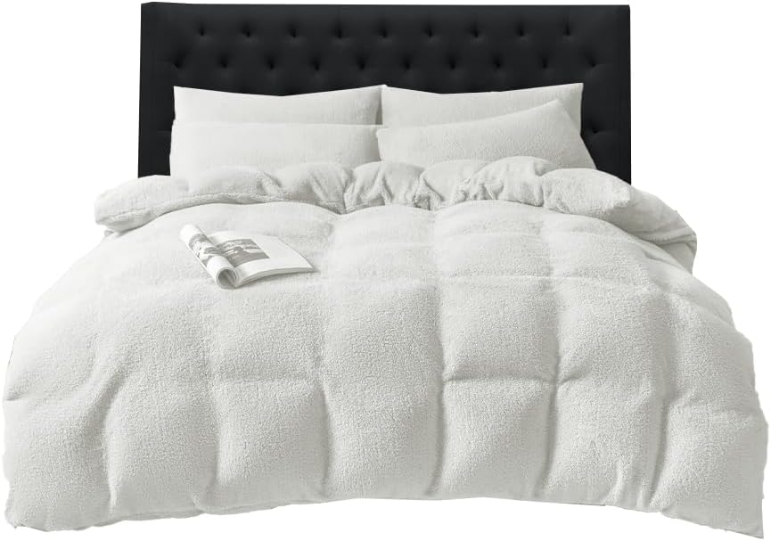 Funky Gadgets Teddy Fleece Duvet Cover Set | Warm Luxury Super Soft Thermal quilt cover with pillowcase | 100% Polyester Teddy Bear Bedding white