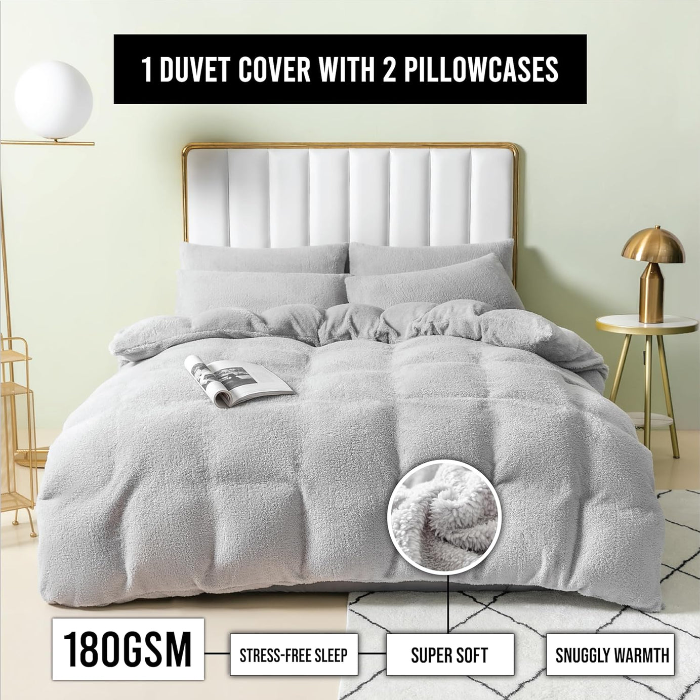 Funky Gadgets Teddy Fleece Duvet Cover Set | Warm Luxury Super Soft Thermal quilt cover with pillowcase | 100% Polyester Teddy Bear Bedding Grey