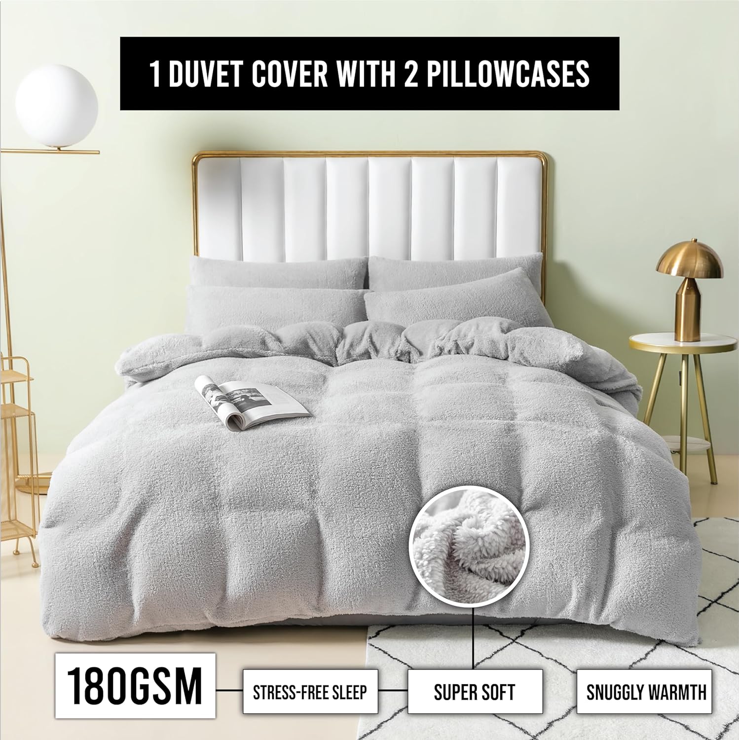 Funky Gadgets Teddy Fleece Duvet Cover Set | Warm Luxury Super Soft Thermal quilt cover with pillowcase | 100% Polyester Teddy Bear Bedding Grey