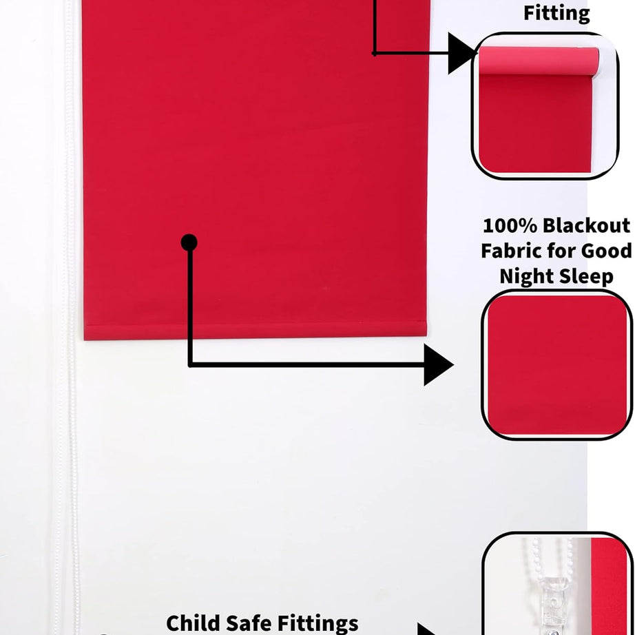 Funky Gadgets Roller Blinds Thermal Blackout Roller Blind, Easy Fit Child Safe Trimmable UV Protection Home Office, Kitchen Window Blinds, Red Blind