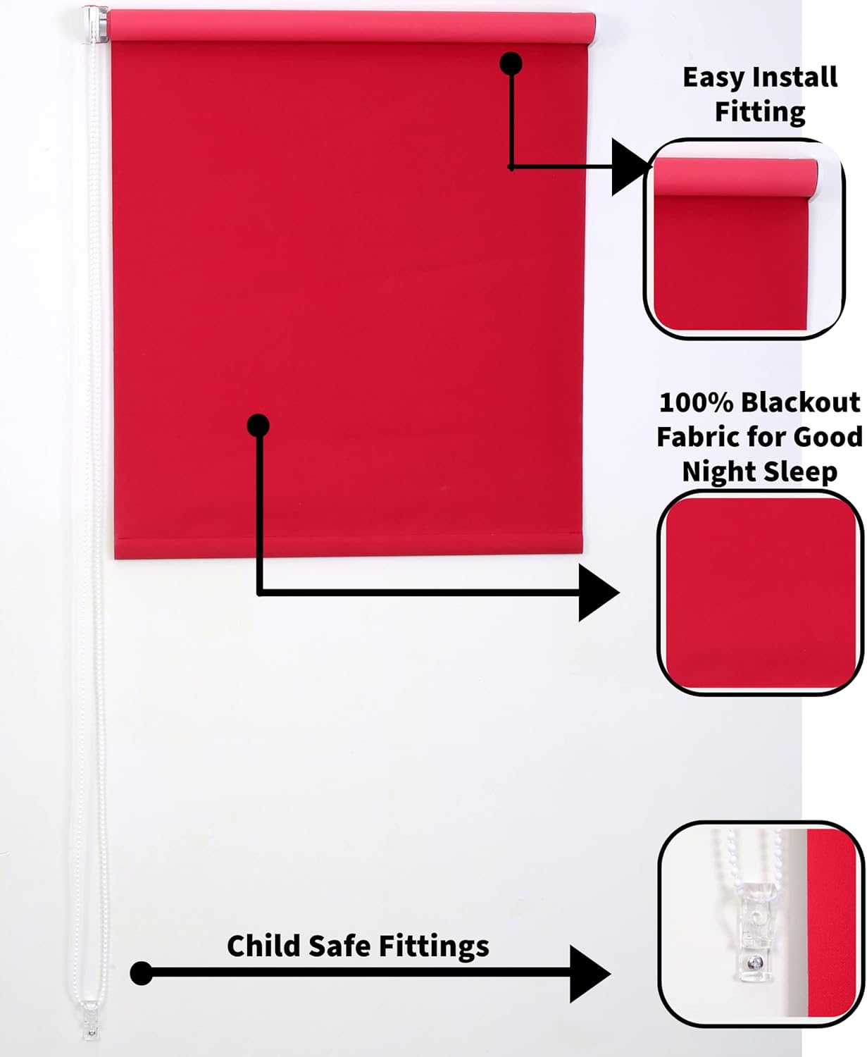 Funky Gadgets Roller Blinds Thermal Blackout Roller Blind, Easy Fit Child Safe Trimmable UV Protection Home Office, Kitchen Window Blinds, Red Blind