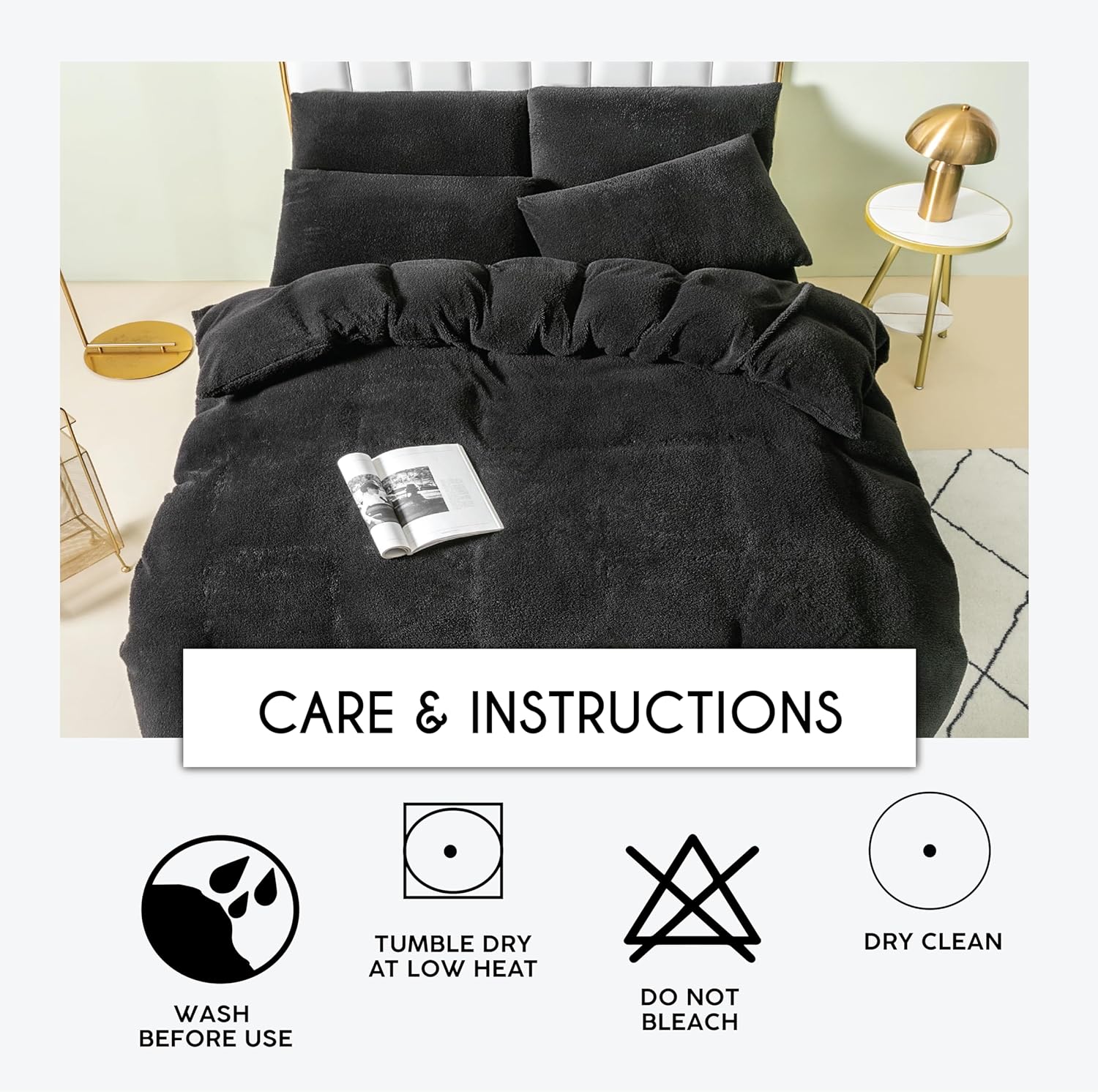 Funky Gadgets Teddy Fleece Duvet Cover Set | Warm Luxury Super Soft Thermal quilt cover with pillowcase | 100% Polyester Teddy Bear Bedding Black