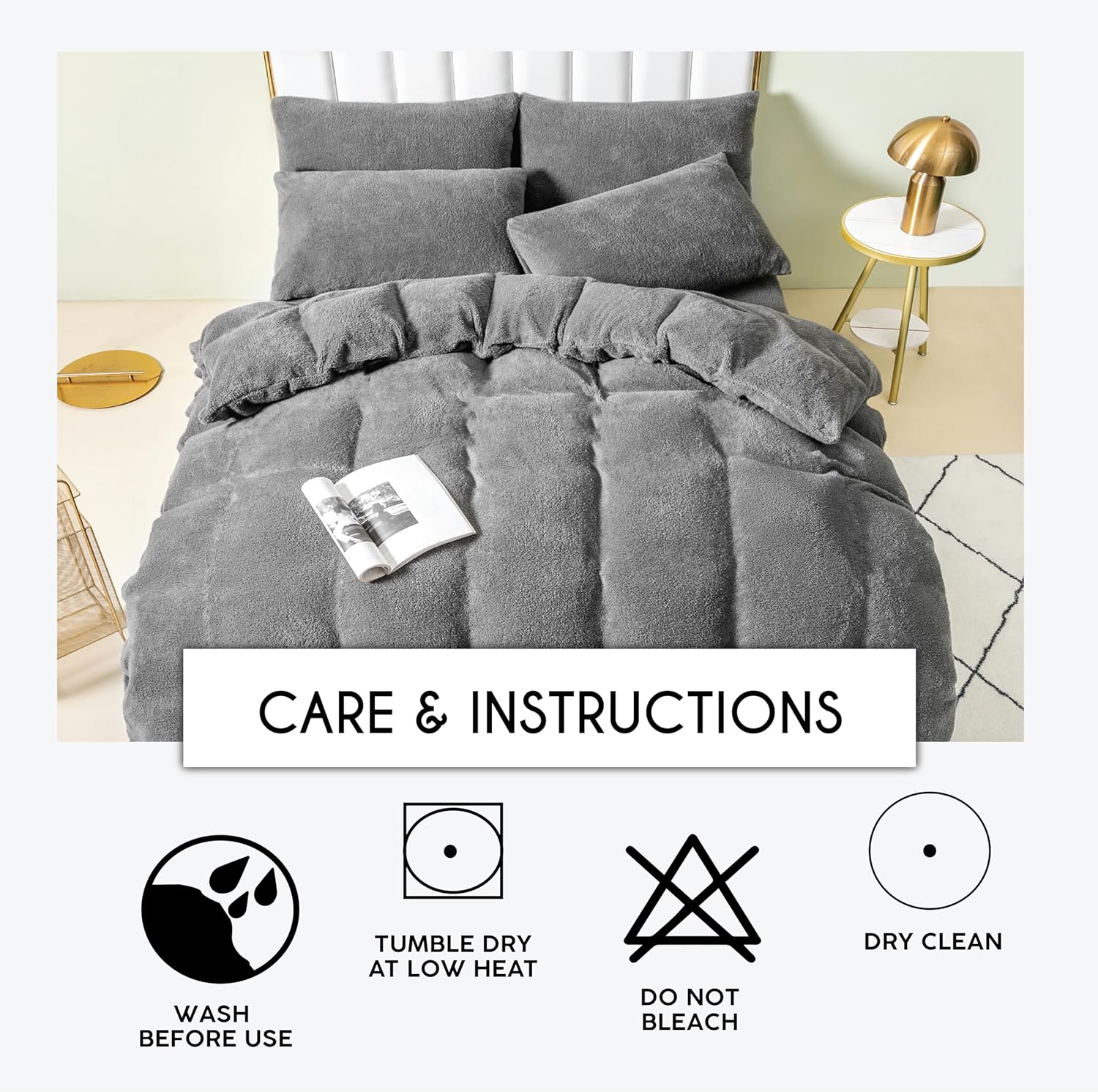 Funky Gadgets Teddy Fleece Duvet Cover Set | Warm Luxury Super Soft Thermal quilt cover with pillowcase | 100% Polyester Teddy Bear Bedding Charcoal