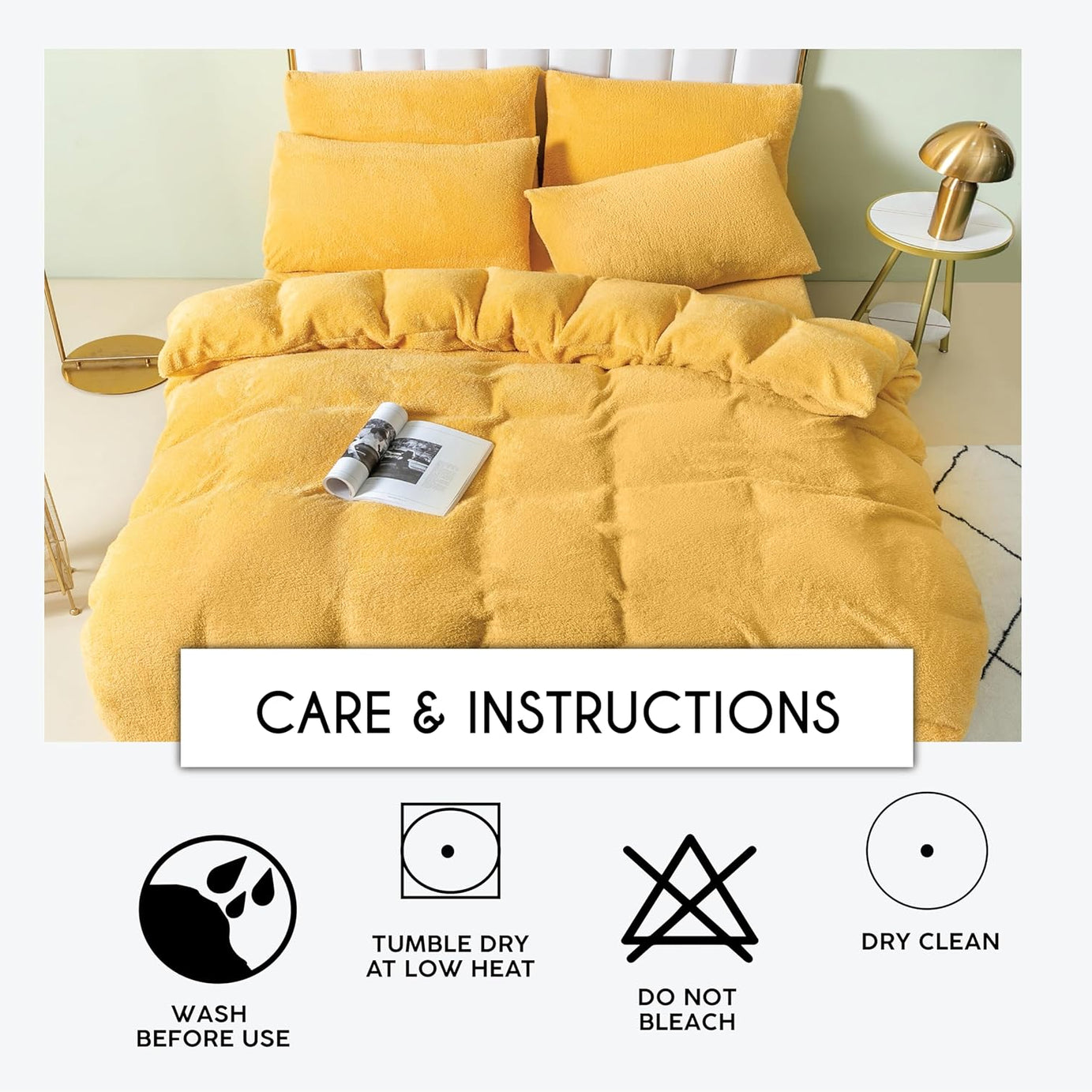 Funky Gadgets Teddy Fleece Duvet Cover Set | Warm Luxury Super Soft Thermal quilt cover with pillowcase | 100% Polyester Teddy Bear Bedding Ochre