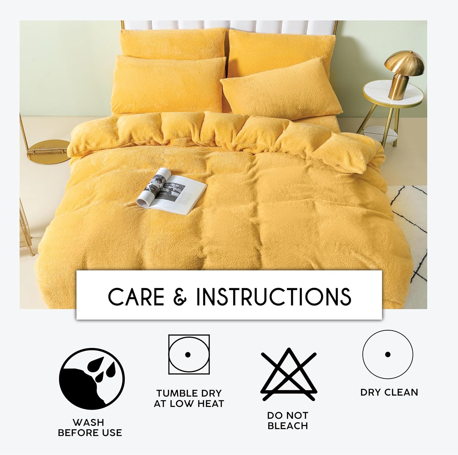 Funky Gadgets Teddy Fleece Duvet Cover Set | Warm Luxury Super Soft Thermal quilt cover with pillowcase | 100% Polyester Teddy Bear Bedding Ochre