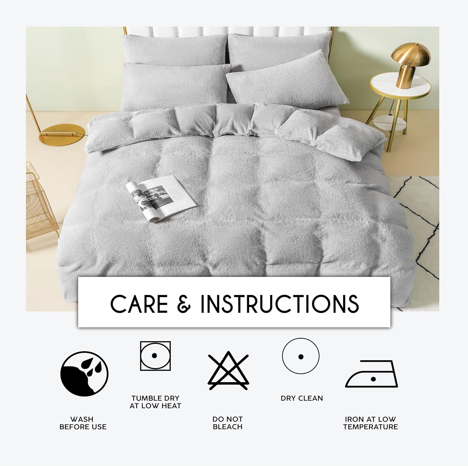 Funky Gadgets Teddy Fleece Duvet Cover Set | Warm Luxury Super Soft Thermal quilt cover with pillowcase | 100% Polyester Teddy Bear Bedding Grey