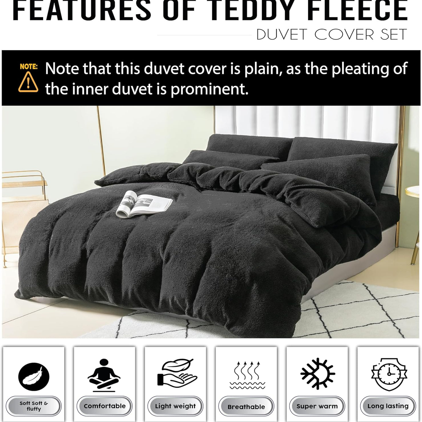 Funky Gadgets Teddy Fleece Duvet Cover Set | Warm Luxury Super Soft Thermal quilt cover with pillowcase | 100% Polyester Teddy Bear Bedding Black