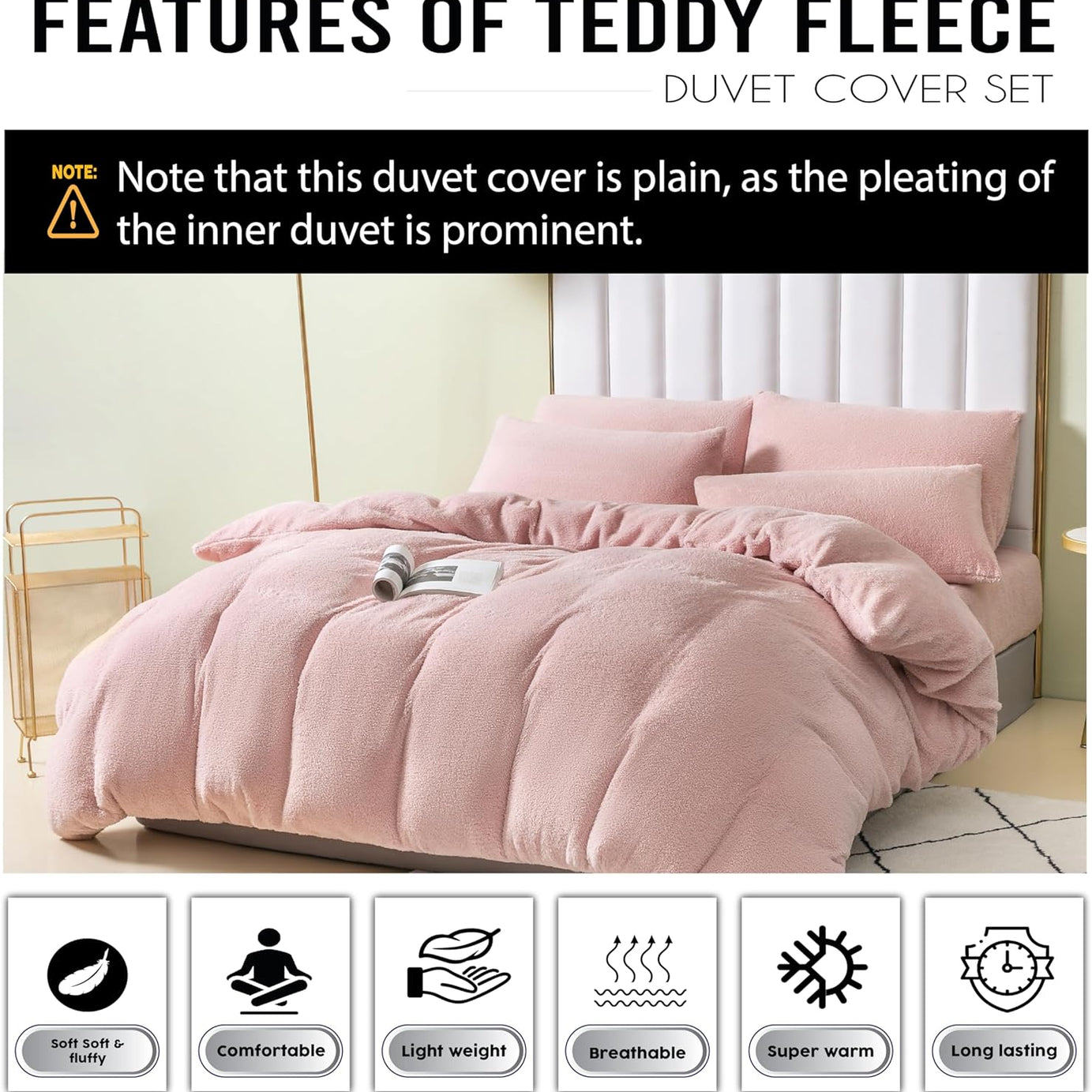 Funky Gadgets Teddy Fleece Duvet Cover Set | Warm Luxury Super Soft Thermal quilt cover with pillowcase | 100% Polyester Teddy Bear Bedding Blush Pink
