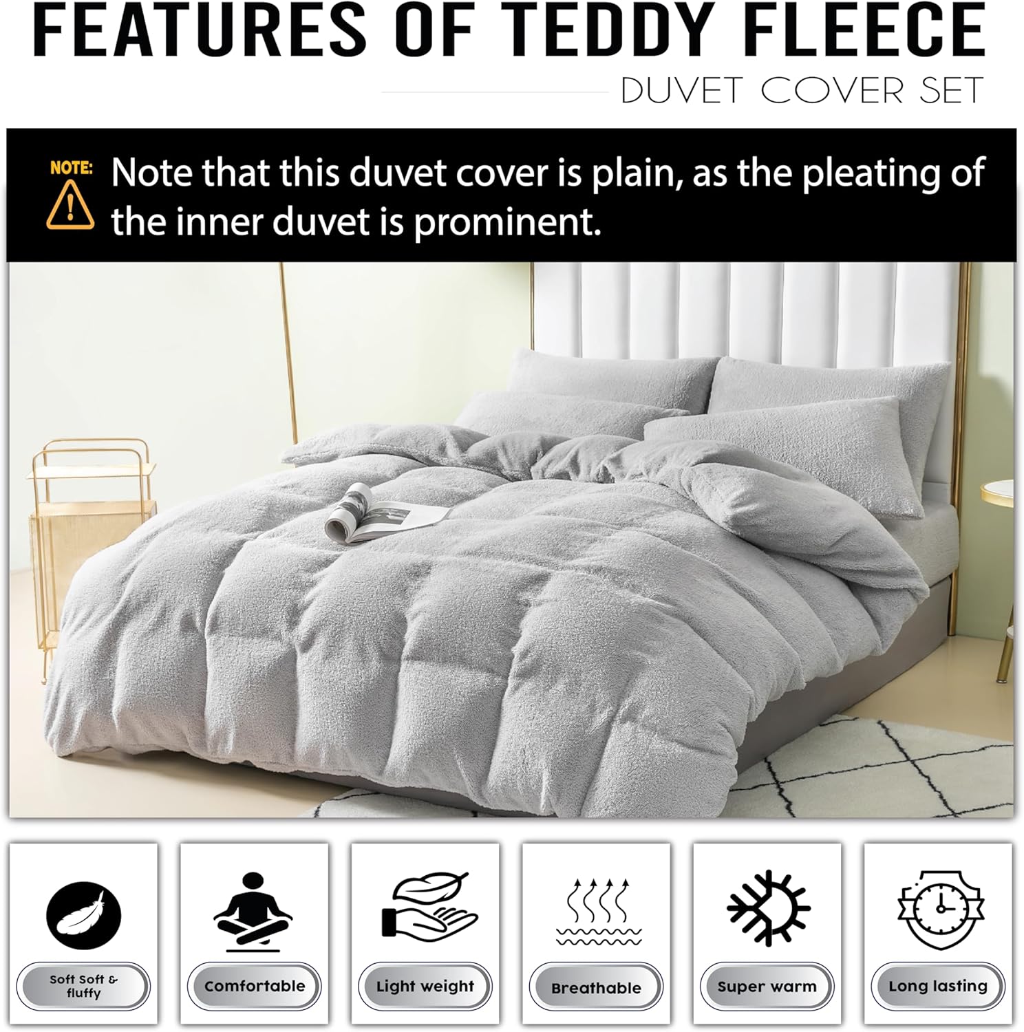 Funky Gadgets Teddy Fleece Duvet Cover Set | Warm Luxury Super Soft Thermal quilt cover with pillowcase | 100% Polyester Teddy Bear Bedding Grey
