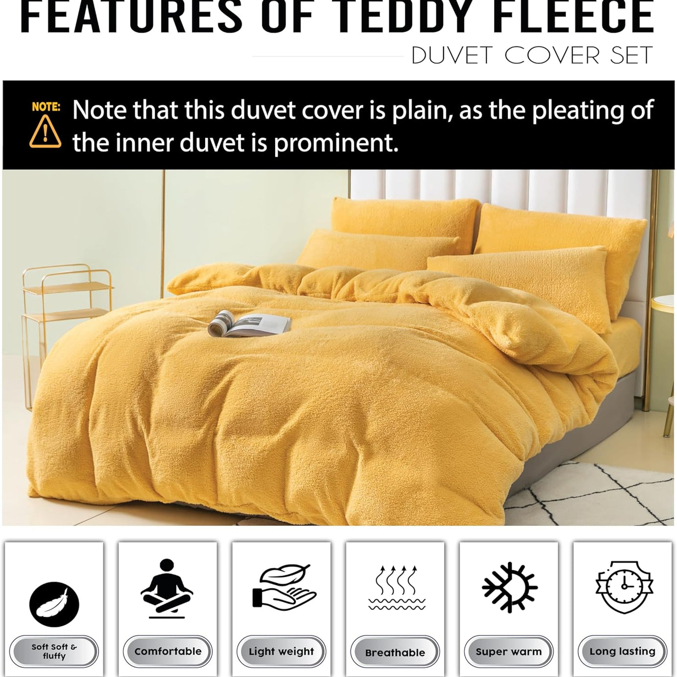 Funky Gadgets Teddy Fleece Duvet Cover Set | Warm Luxury Super Soft Thermal quilt cover with pillowcase | 100% Polyester Teddy Bear Bedding Ochre