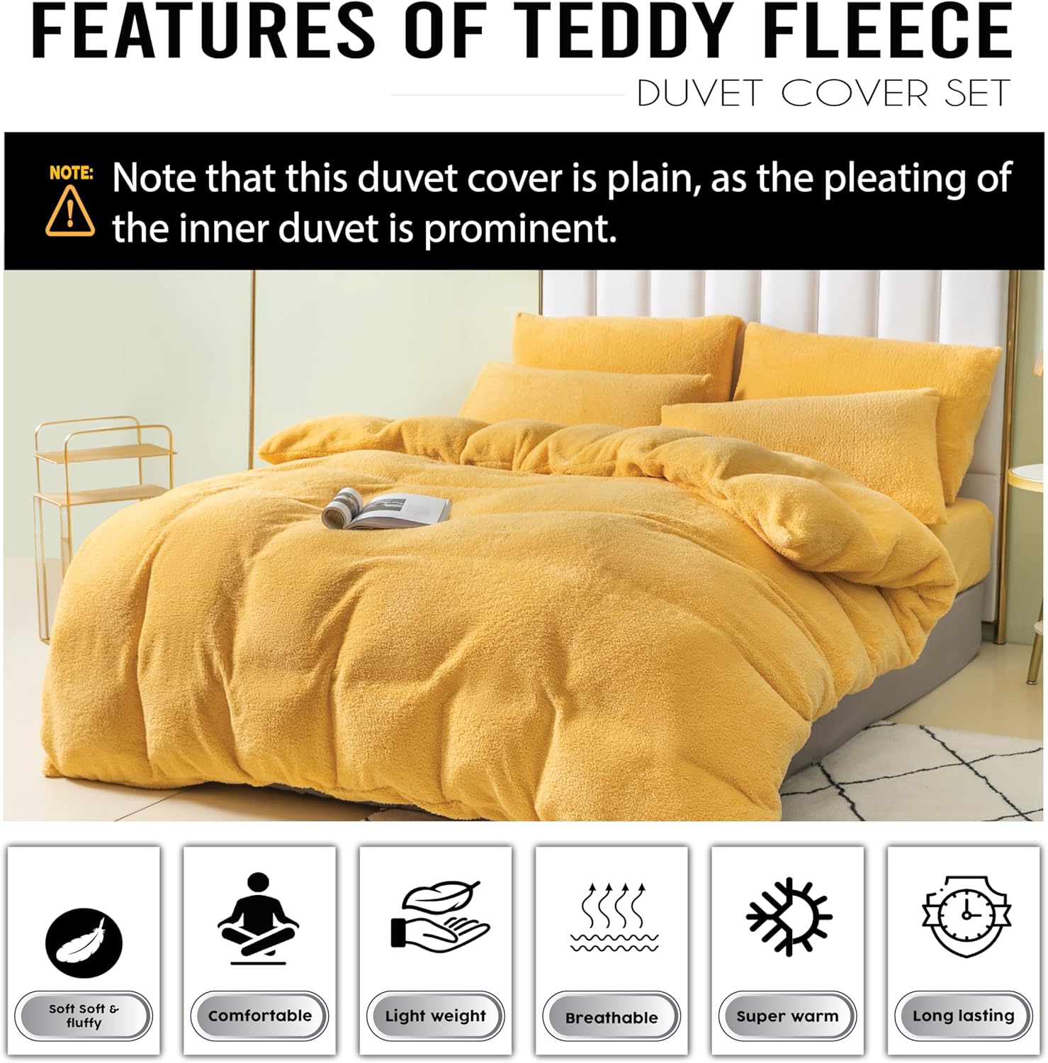 Funky Gadgets Teddy Fleece Duvet Cover Set | Warm Luxury Super Soft Thermal quilt cover with pillowcase | 100% Polyester Teddy Bear Bedding Ochre