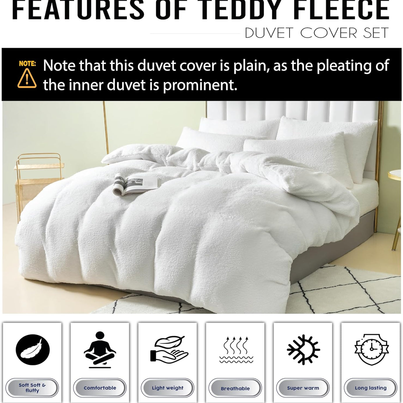 Funky Gadgets Teddy Fleece Duvet Cover Set | Warm Luxury Super Soft Thermal quilt cover with pillowcase | 100% Polyester Teddy Bear Bedding white
