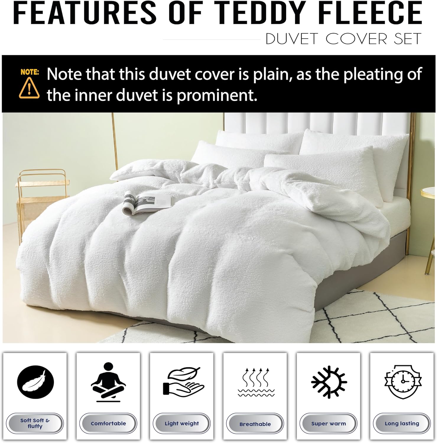 Funky Gadgets Teddy Fleece Duvet Cover Set | Warm Luxury Super Soft Thermal quilt cover with pillowcase | 100% Polyester Teddy Bear Bedding white