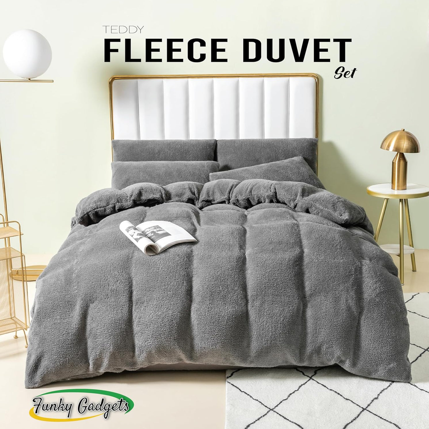 Funky Gadgets Teddy Fleece Duvet Cover Set | Warm Luxury Super Soft Thermal quilt cover with pillowcase | 100% Polyester Teddy Bear Bedding Charcoal
