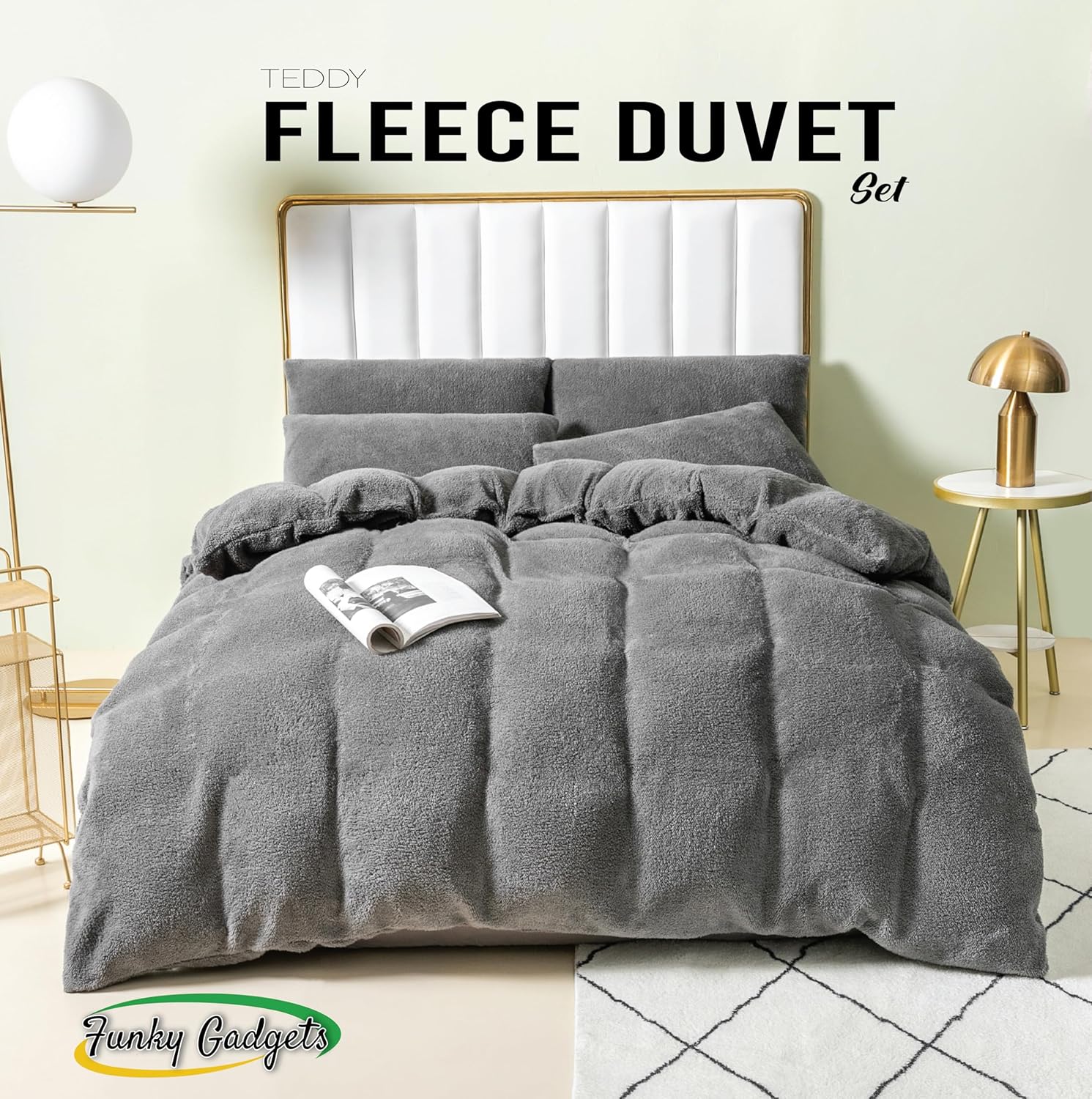 Funky Gadgets Teddy Fleece Duvet Cover Set | Warm Luxury Super Soft Thermal quilt cover with pillowcase | 100% Polyester Teddy Bear Bedding Charcoal