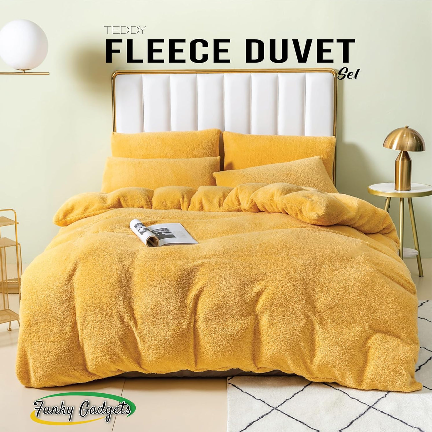 Funky Gadgets Teddy Fleece Duvet Cover Set | Warm Luxury Super Soft Thermal quilt cover with pillowcase | 100% Polyester Teddy Bear Bedding Ochre