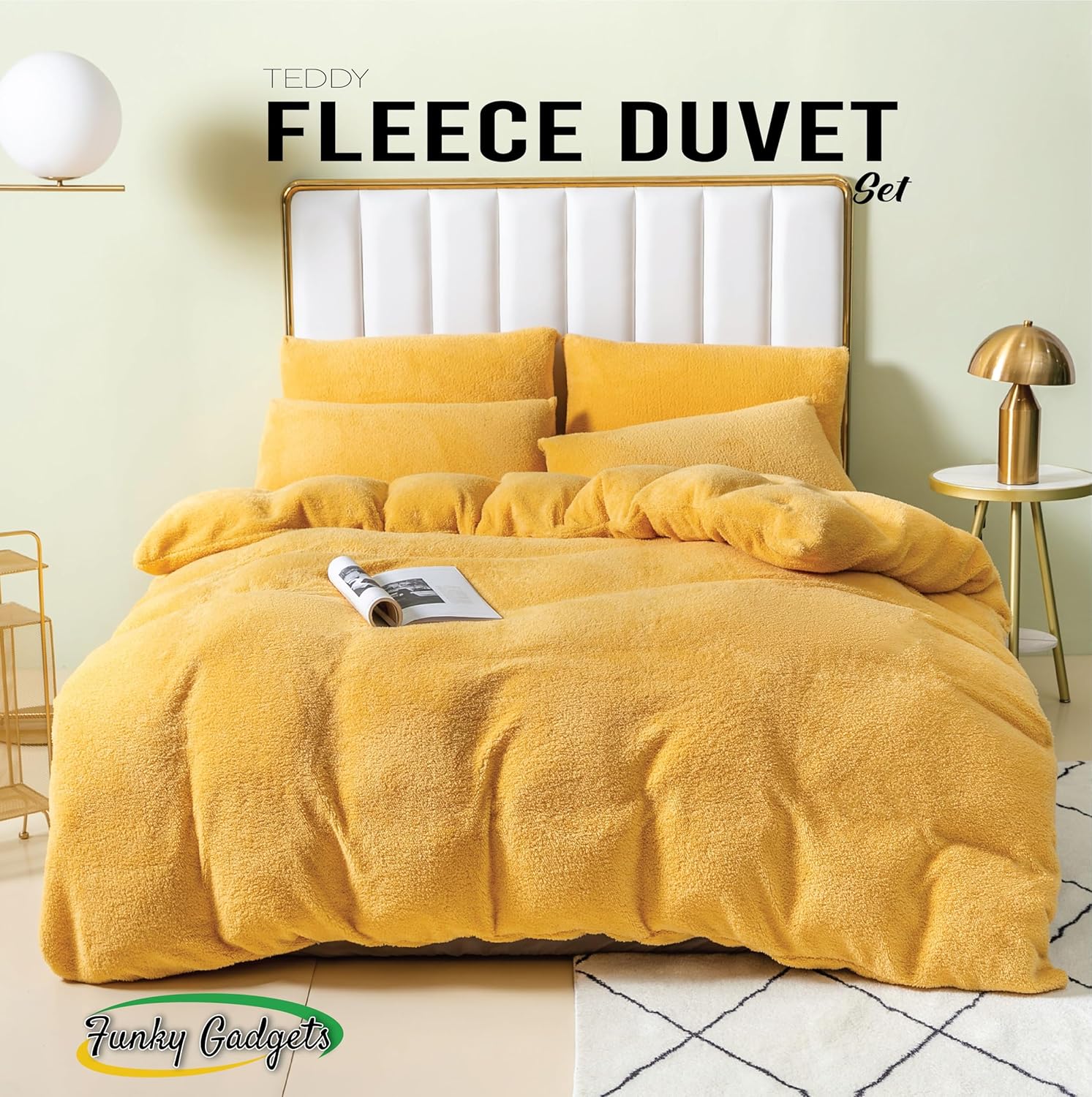 Funky Gadgets Teddy Fleece Duvet Cover Set | Warm Luxury Super Soft Thermal quilt cover with pillowcase | 100% Polyester Teddy Bear Bedding Ochre