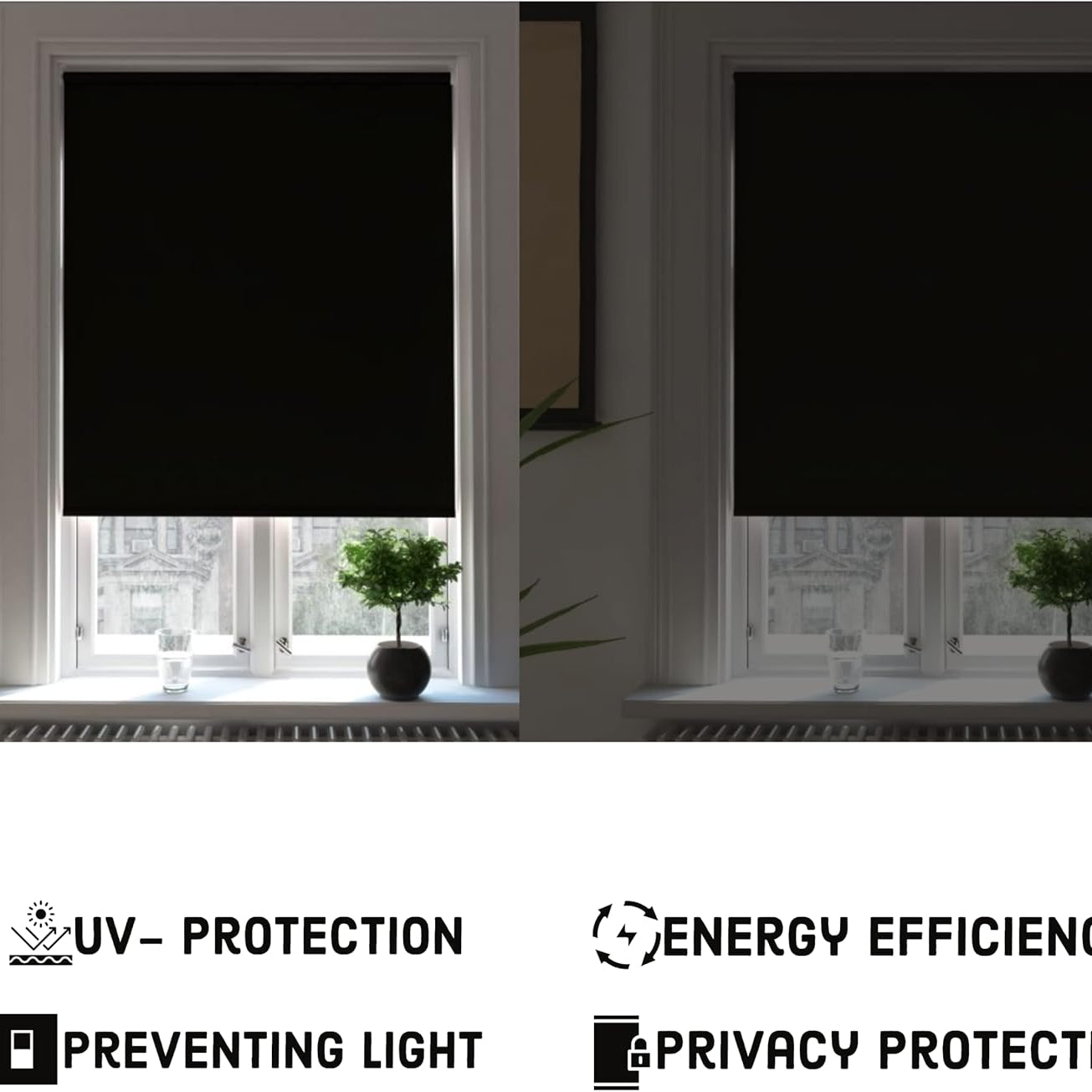 Funky Gadgets Roller Blinds Thermal Blackout Roller Blind, Easy Fit Child Safe Trimmable UV Protection Home Office Window Blinds, Black Blinds