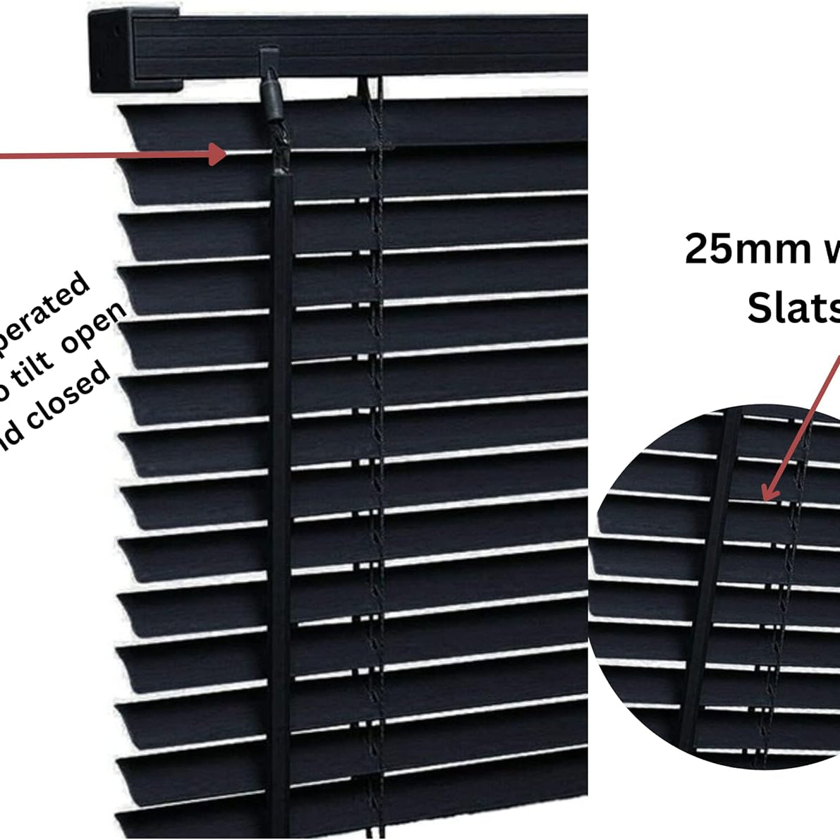 PVC Venetian Blind- Blinds Window 25mm Thin Slats Kitchen Windows Blinds Treatments Easy Fit Curtains Trimmable Fittings Home Office - Black