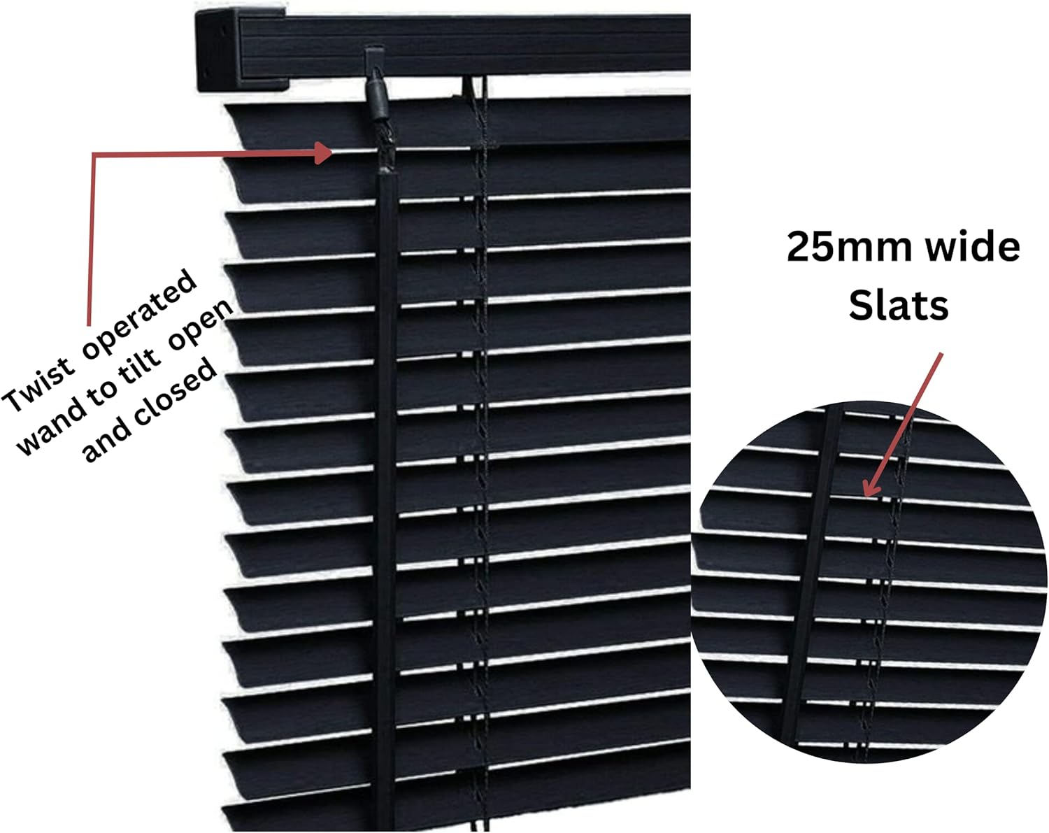 PVC Venetian Blind- Blinds Window 25mm Thin Slats Kitchen Windows Blinds Treatments Easy Fit Curtains Trimmable Fittings Home Office - Black