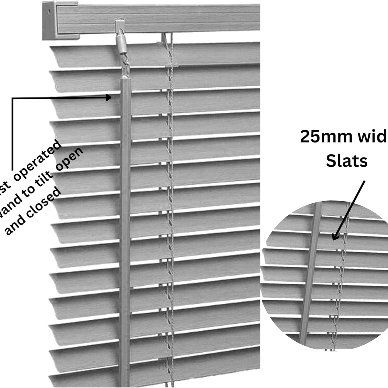 PVC Venetian Blind- Blinds Window 25mm Thin Slats Kitchen Windows Blinds Treatments Easy Fit Curtains Trimmable Fittings Home Office - Grey