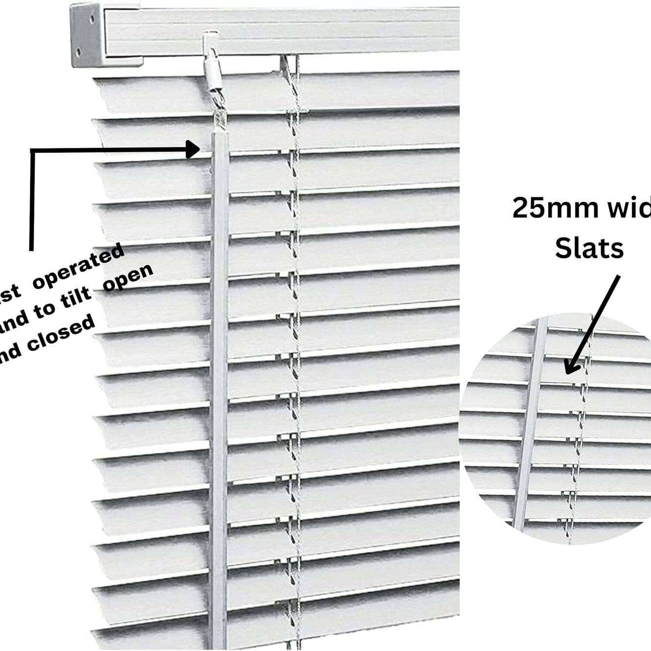 PVC Venetian Blind Blinds Window 25mm Thin Slats Kitchen Windows Blinds Treatments Easy Fit Curtains Trimmable Fittings Home Office - White