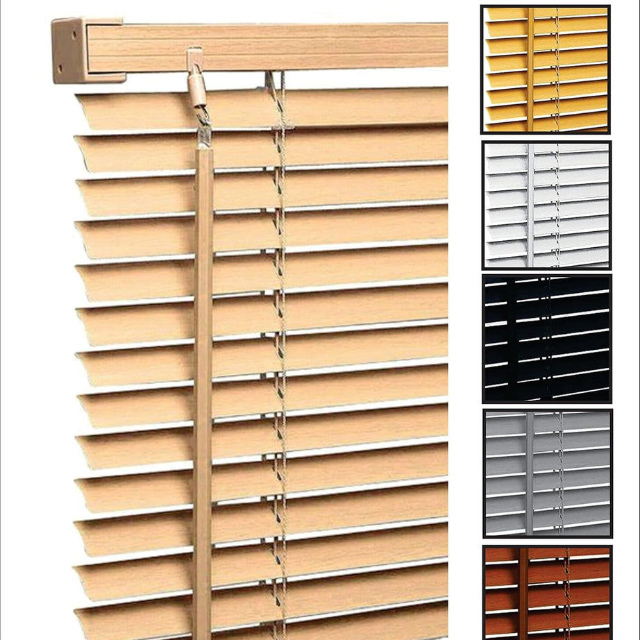 PVC wood grain effect blinds-Windows Blinds Treatments Easy Fit Curtains Trimmable Fittings Home Office - Natural