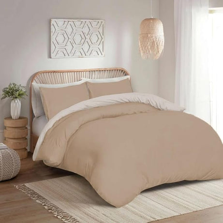 Soft Brushed Microfiber Plain Dyed Duvet Cover Sets with Pillow Cases- Reversible Bedding Quilt Cover Set (Mink & Cream)