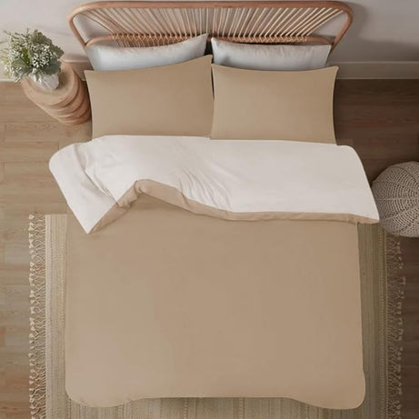 Soft Brushed Microfiber Plain Dyed Duvet Cover Sets with Pillow Cases- Reversible Bedding Quilt Cover Set (Mink & Cream)