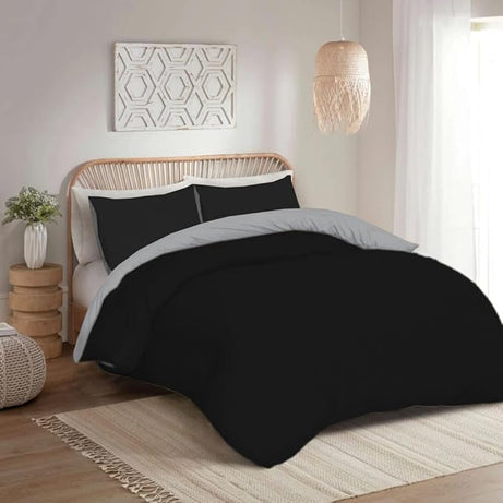 funky gadgets Double Duvet Set – Soft Brushed Microfiber Plain Dyed Duvet Cover Sets with Pillow Cases- Reversible Bedding Quilt Cover Set (Black & Grey)