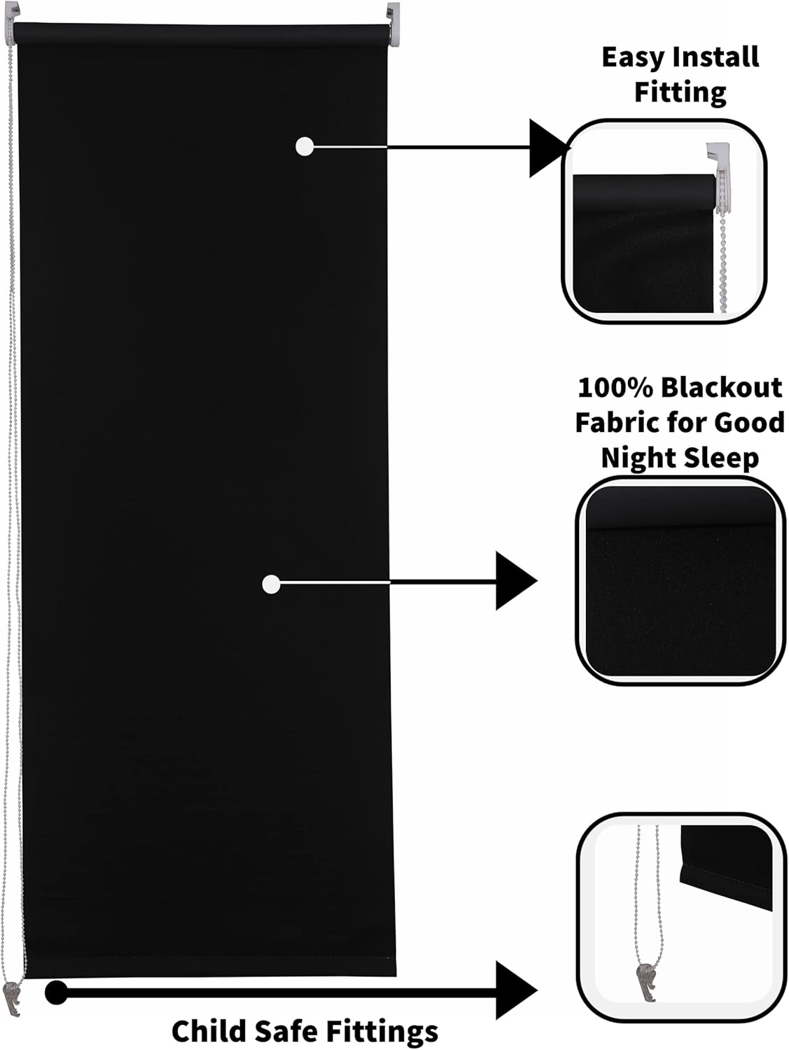 Funky Gadgets Roller Blinds Thermal Blackout Roller Blind, Easy Fit Child Safe Trimmable UV Protection Home Office Window Blinds, Black Blinds