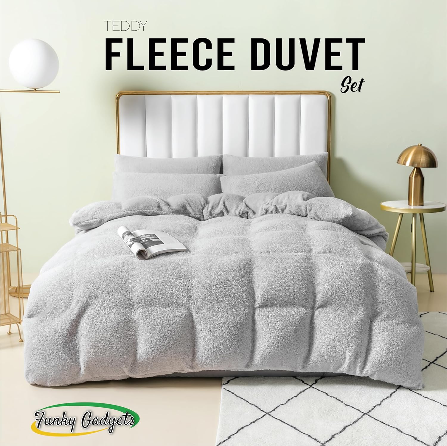 Funky Gadgets Teddy Fleece Duvet Cover Set | Warm Luxury Super Soft Thermal quilt cover with pillowcase | 100% Polyester Teddy Bear Bedding Grey