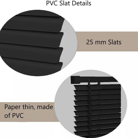 PVC Venetian Blind- Blinds Window 25mm Thin Slats Kitchen Windows Blinds Treatments Easy Fit Curtains Trimmable Fittings Home Office - Black