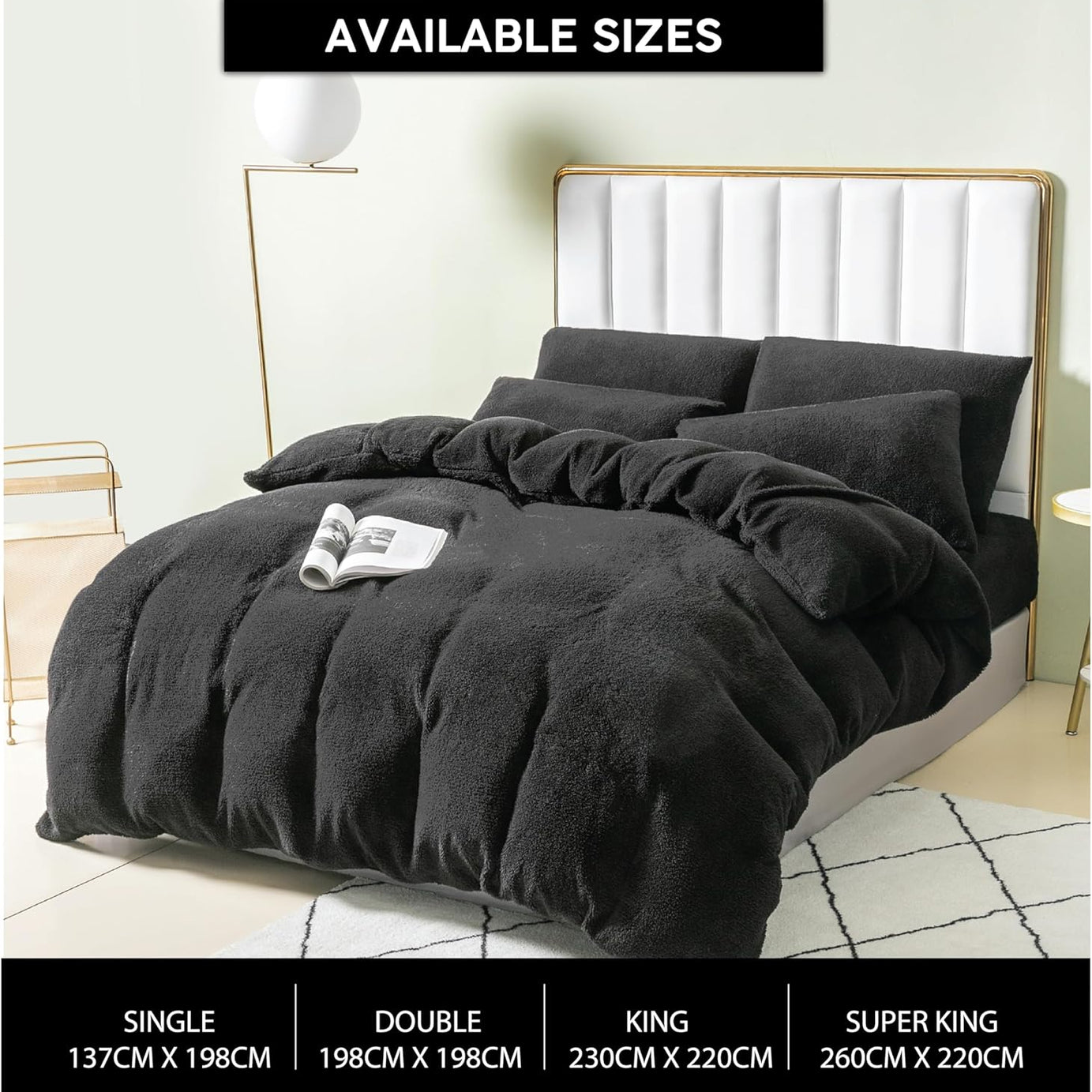 Funky Gadgets Teddy Fleece Duvet Cover Set | Warm Luxury Super Soft Thermal quilt cover with pillowcase | 100% Polyester Teddy Bear Bedding Black