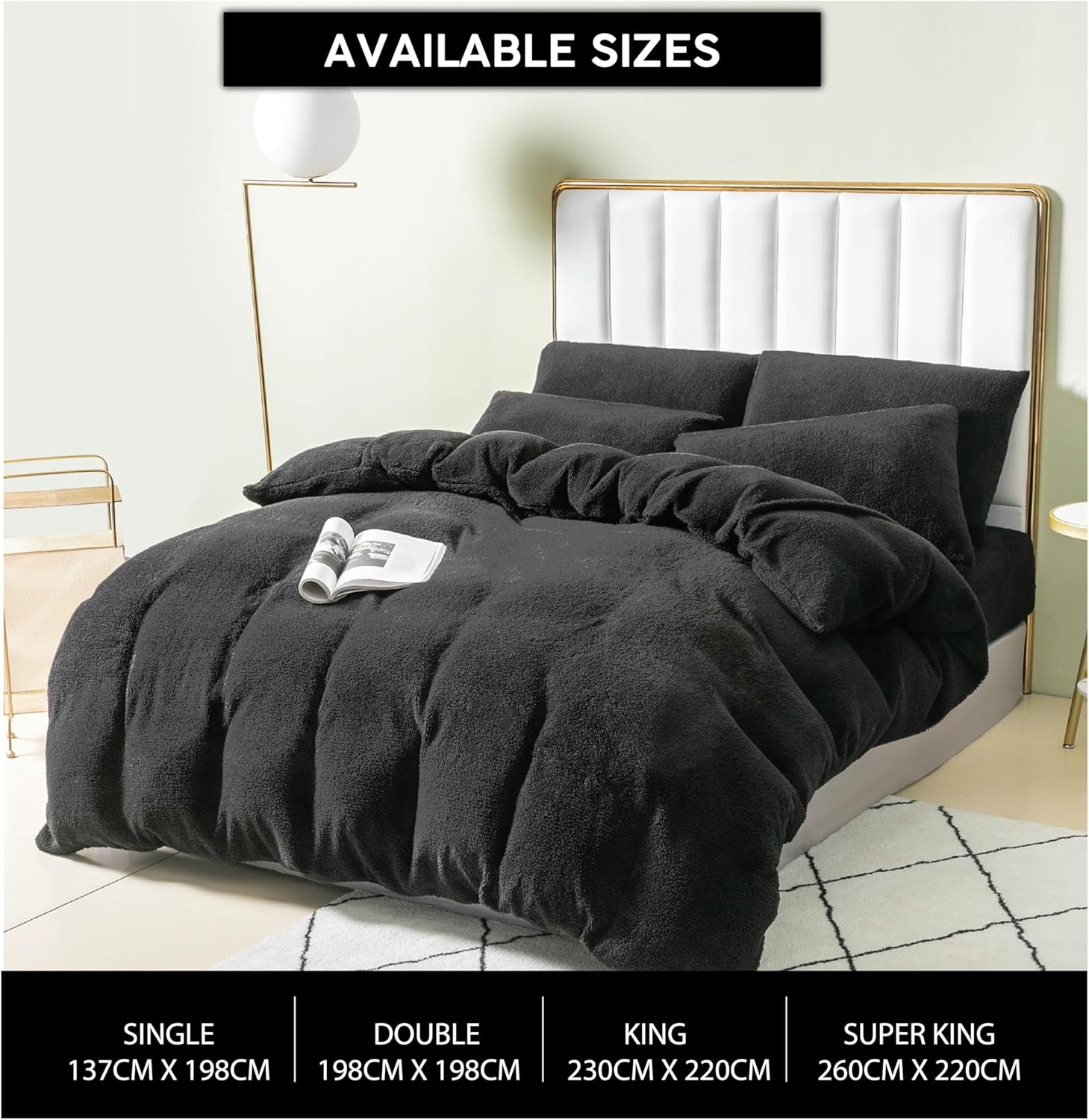 Funky Gadgets Teddy Fleece Duvet Cover Set | Warm Luxury Super Soft Thermal quilt cover with pillowcase | 100% Polyester Teddy Bear Bedding Black