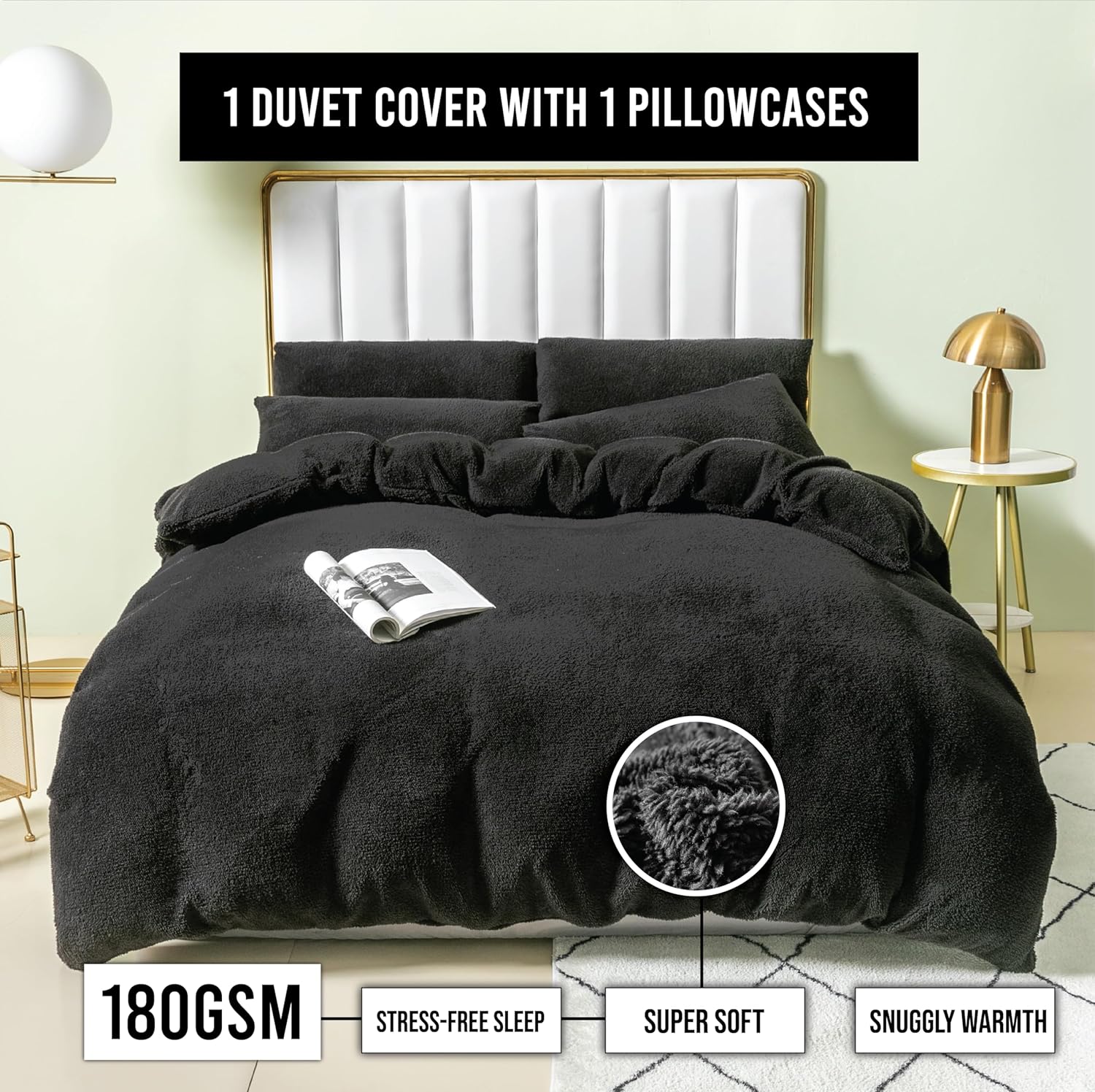 Funky Gadgets Teddy Fleece Duvet Cover Set | Warm Luxury Super Soft Thermal quilt cover with pillowcase | 100% Polyester Teddy Bear Bedding Black