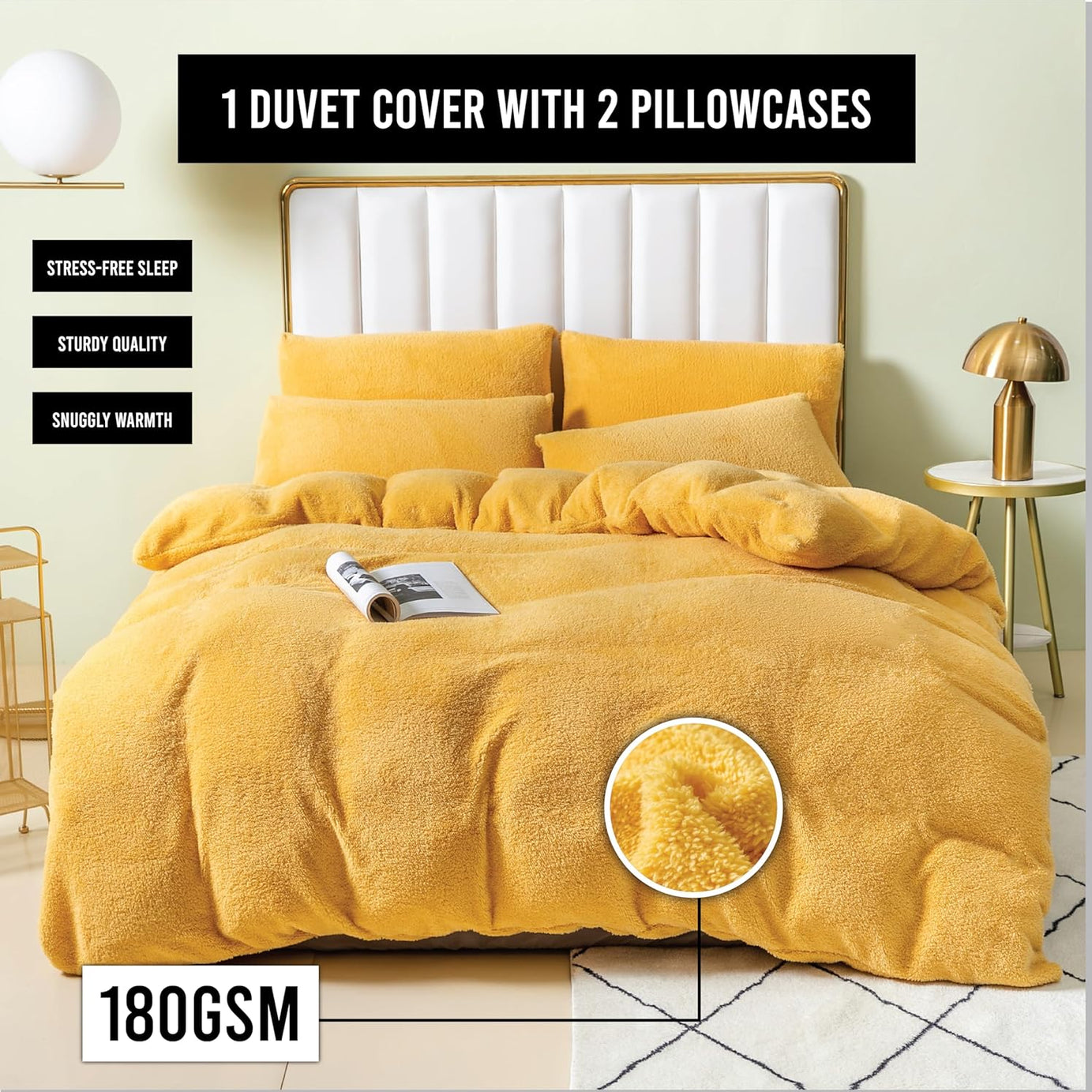 Funky Gadgets Teddy Fleece Duvet Cover Set | Warm Luxury Super Soft Thermal quilt cover with pillowcase | 100% Polyester Teddy Bear Bedding Ochre
