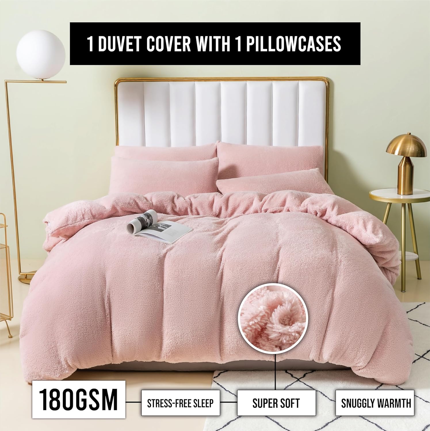 Funky Gadgets Teddy Fleece Duvet Cover Set | Warm Luxury Super Soft Thermal quilt cover with pillowcase | 100% Polyester Teddy Bear Bedding Blush Pink