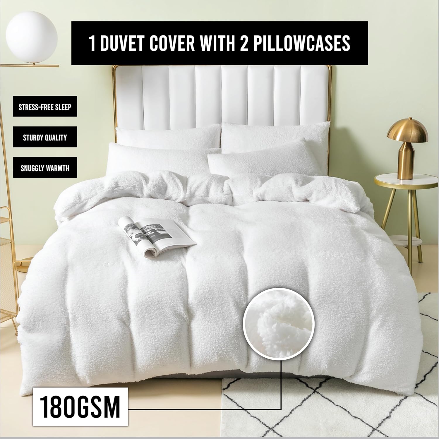 Funky Gadgets Teddy Fleece Duvet Cover Set | Warm Luxury Super Soft Thermal quilt cover with pillowcase | 100% Polyester Teddy Bear Bedding white
