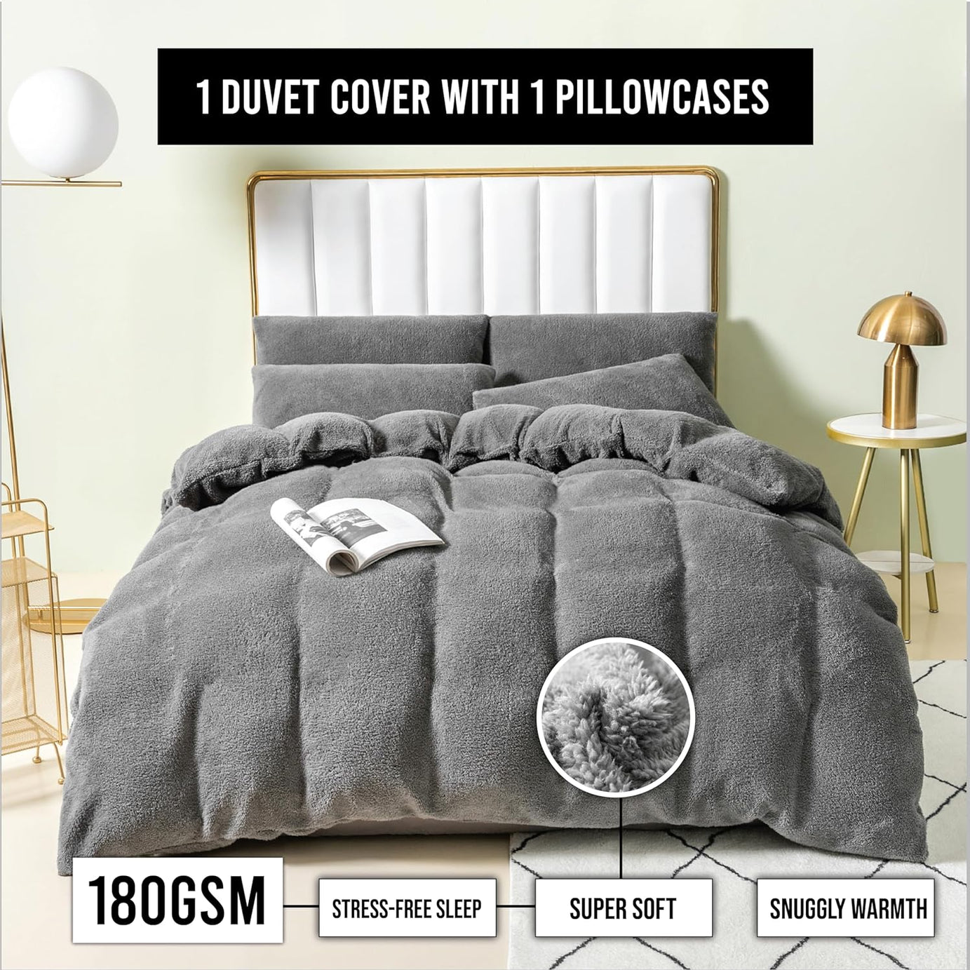 Funky Gadgets Teddy Fleece Duvet Cover Set | Warm Luxury Super Soft Thermal quilt cover with pillowcase | 100% Polyester Teddy Bear Bedding Charcoal