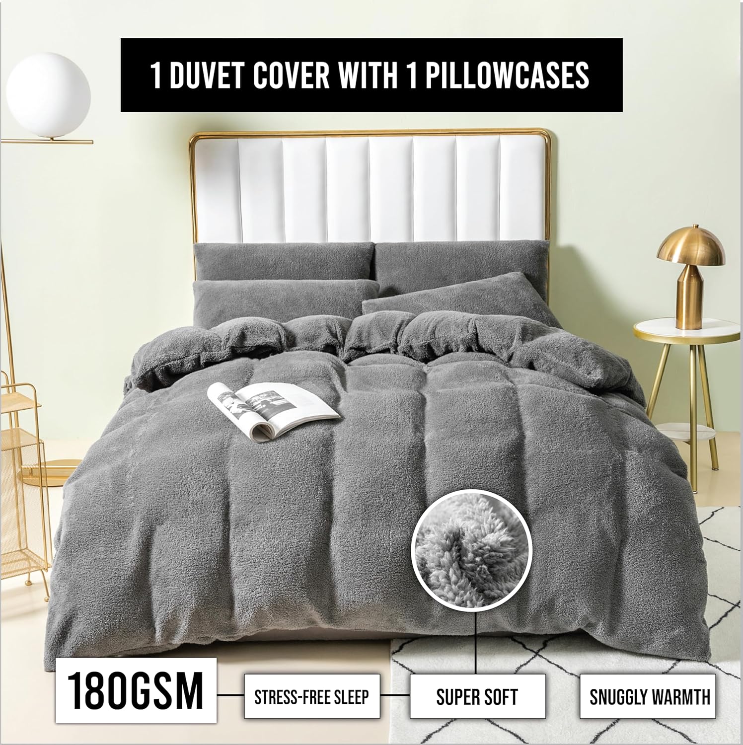 Funky Gadgets Teddy Fleece Duvet Cover Set | Warm Luxury Super Soft Thermal quilt cover with pillowcase | 100% Polyester Teddy Bear Bedding Charcoal