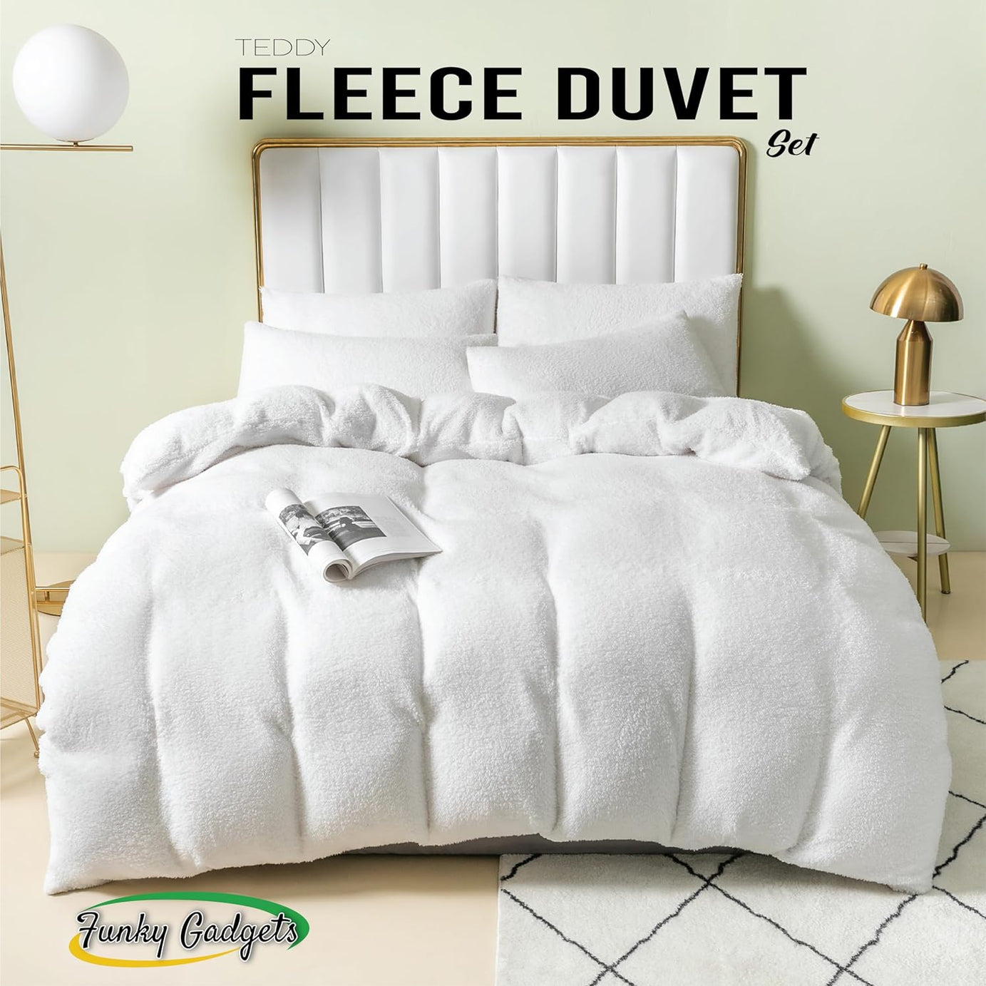 Funky Gadgets Teddy Fleece Duvet Cover Set | Warm Luxury Super Soft Thermal quilt cover with pillowcase | 100% Polyester Teddy Bear Bedding white