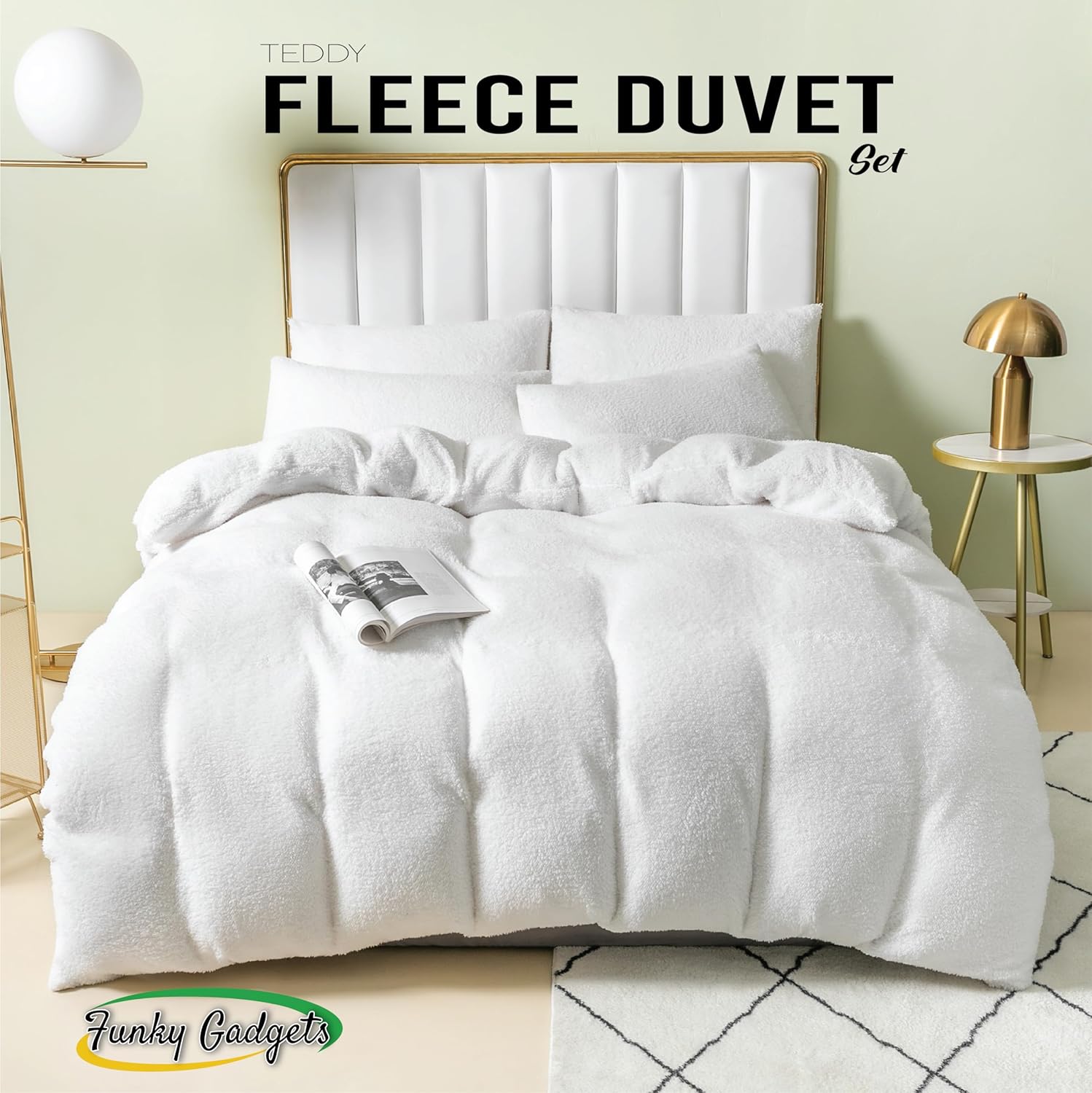 Funky Gadgets Teddy Fleece Duvet Cover Set | Warm Luxury Super Soft Thermal quilt cover with pillowcase | 100% Polyester Teddy Bear Bedding white