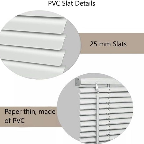 PVC Venetian Blind Blinds Window 25mm Thin Slats Kitchen Windows Blinds Treatments Easy Fit Curtains Trimmable Fittings Home Office - White